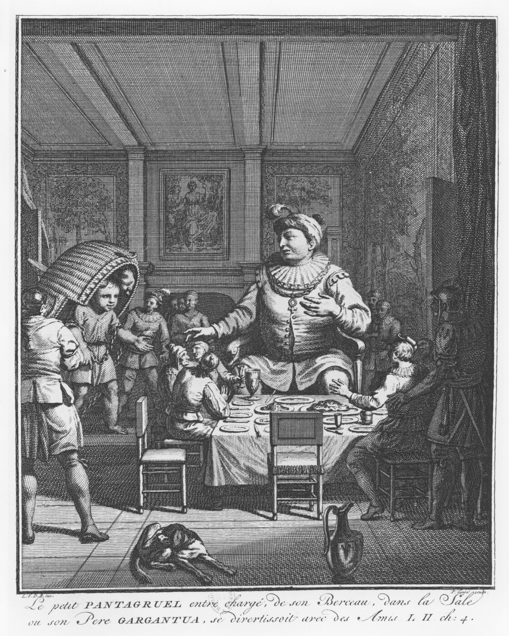 Gargantua vidí svého syna Pantagruela, jak nese svou postýlku, ilustrace z „Gargantua a Pantagruel“, od Françoise Rabelaise od Pierre Tanje