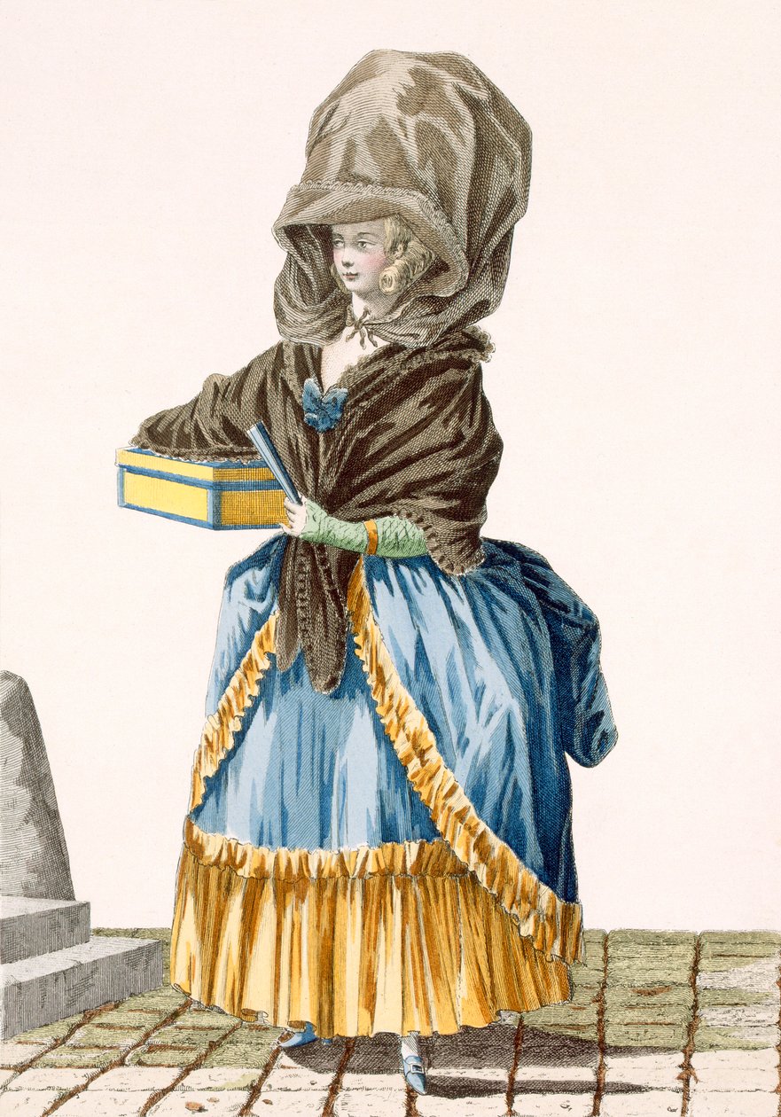 Trhovkyně prodávající své zboží, rytina Dupin, deska č. 5 z "Galeries des Modes et Costumes Francais", asi 1778-87 99:oděv; tradiční oděv; tradiční kroj; móda od Pierre Thomas Le Clerc