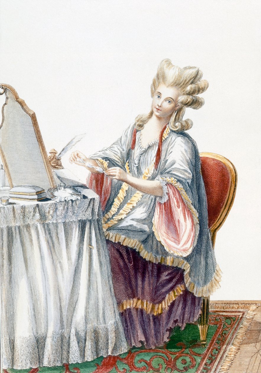 Elegantní dáma u svého toaletního stolku, talíř z „Galerie des Modes et Costumes Francais“, vyrytý Dupinem, 1778 od Pierre Thomas Le Clerc