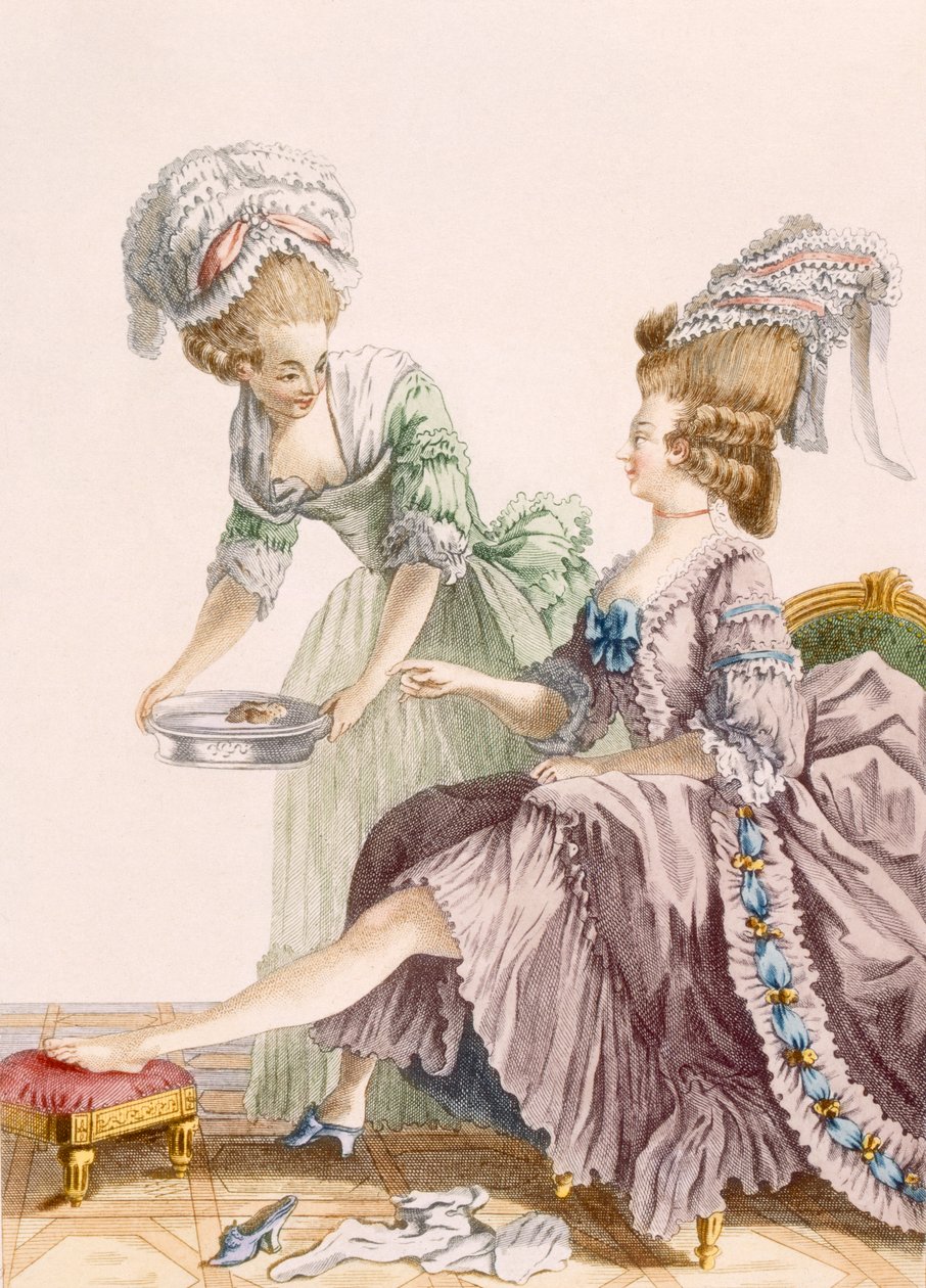 Elegantní dáma, které služebná myje nohy, vyryl Dupin, deska z "Galeries des Modes et Costumes Francais", asi 1778-87. od Pierre Thomas Le Clerc
