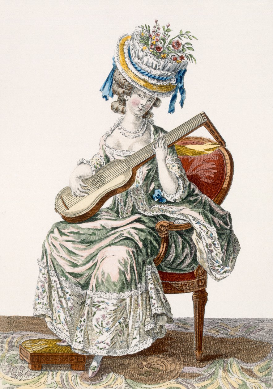 Dáma v šatech z broušeného taftu zdobených krajkou hrající na kytaru, deska 113 z "Galerie des Modes et Costumes Francais", vyryl Charles Emmanuel Patas (1744-1802) 1778 od Pierre Thomas Le Clerc