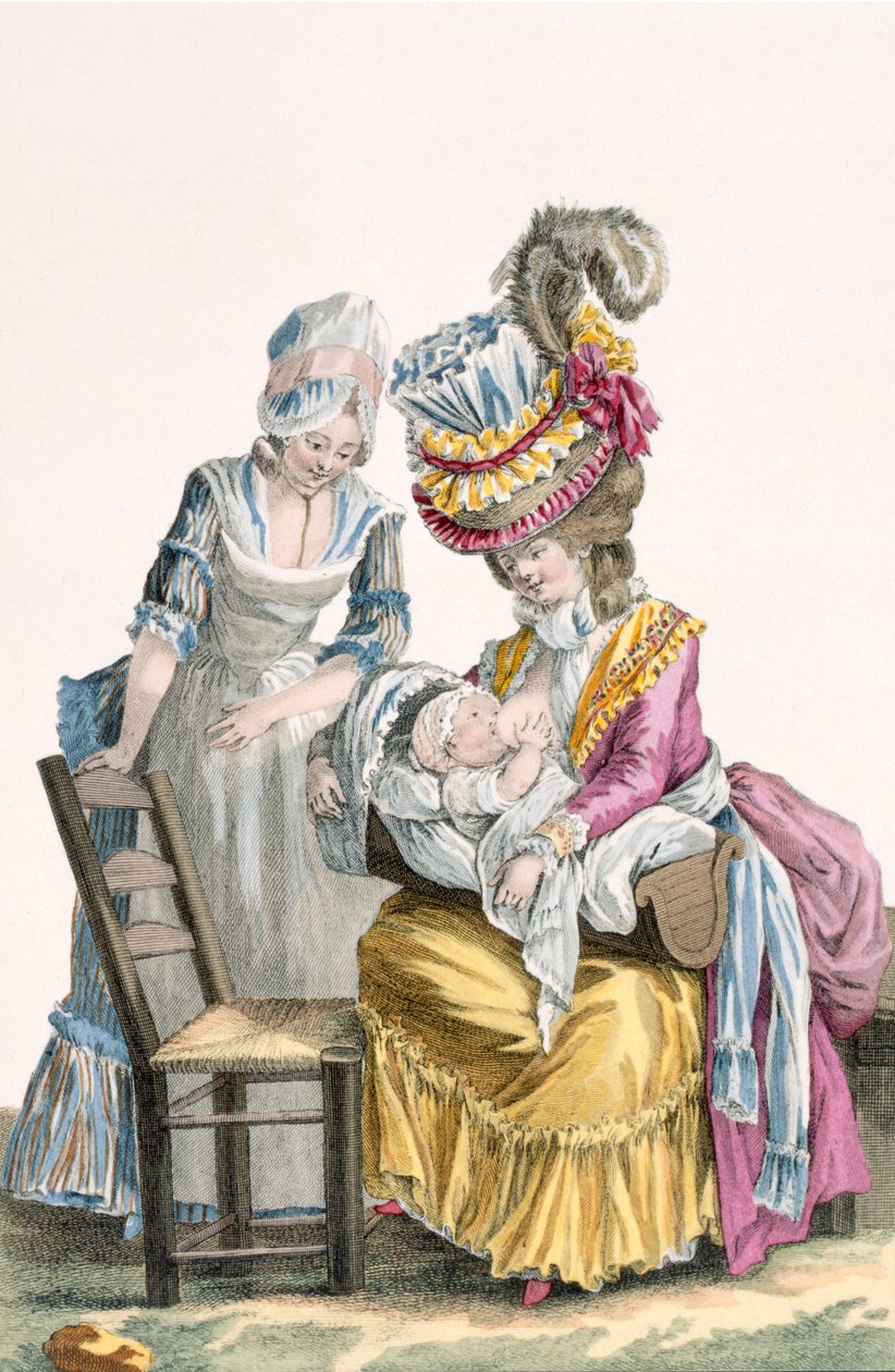 Mladá žena v šatech "a la Levite" kojící své dítě, deska z "Galerie des Modes et Costumes Francais", vyryl Charles Emmanuel Patas (1744-1802) 1778 od Pierre Thomas Le Clerc
