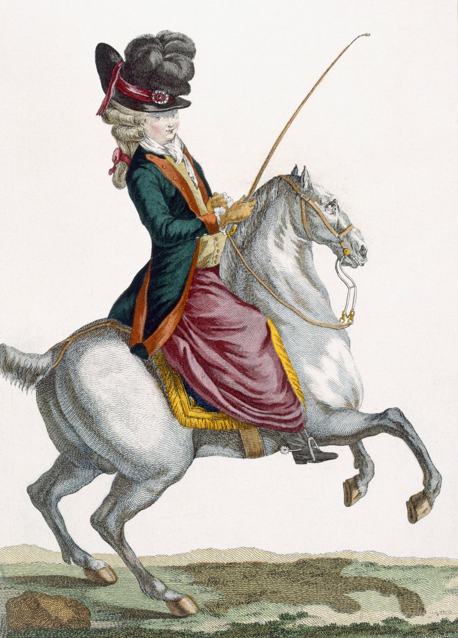 Mladá dáma jedoucí na koni, rytina Voysard, deska z "Galeries des Modes et Costumes Francais", asi 1778-87 od Pierre Thomas Le Clerc