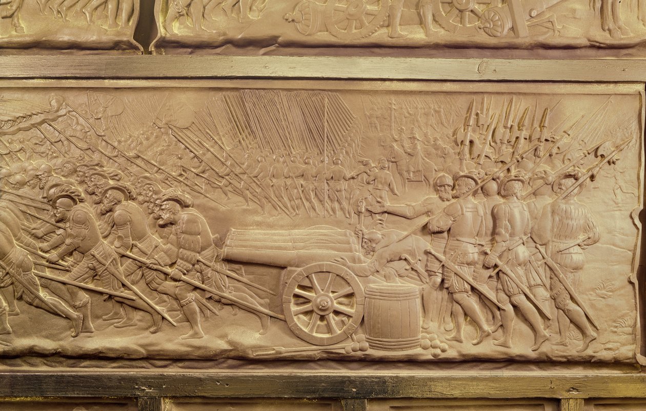 Hrobka Františka I. a Claude, vévodkyně bretaňské, detail kanovníků v bitvě u Marignana, 1548, mramor od Pierre Bontemps