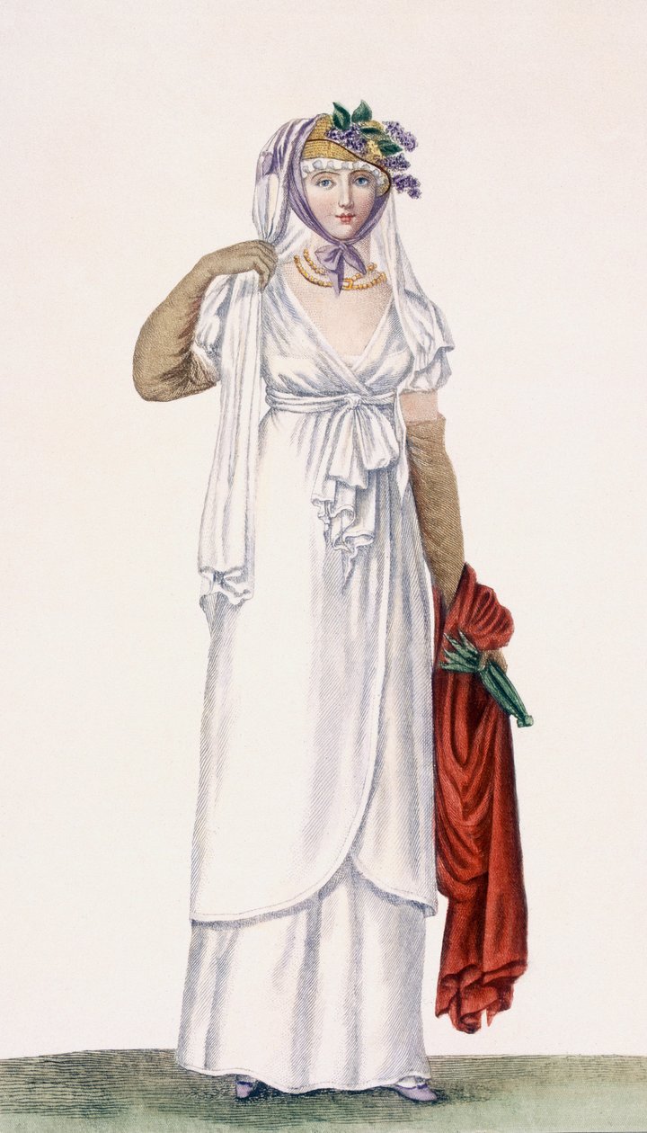 Dámské vycházkové šaty v měkkém stylu, 1805 88: Dámské vycházkové šaty v měkkém stylu; 99: samice; tradiční kroj; tradiční oděv; móda; c19.; bílé šaty; červený šátek; závoj; čepice; y od Pierre de La Mesangere