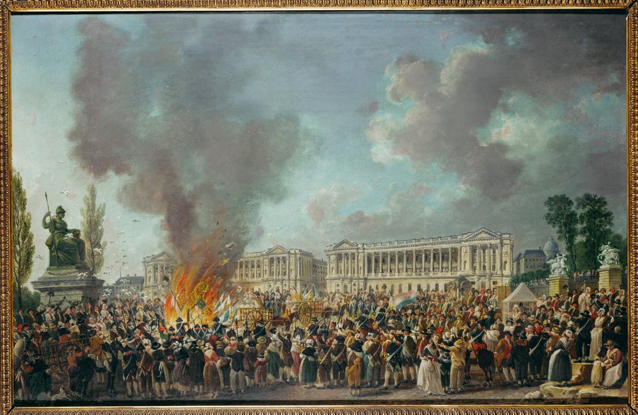 Na náměstí Place de la Concorde se pálí znaky monarchie... od Pierre Antoine (attr. to) Demachy