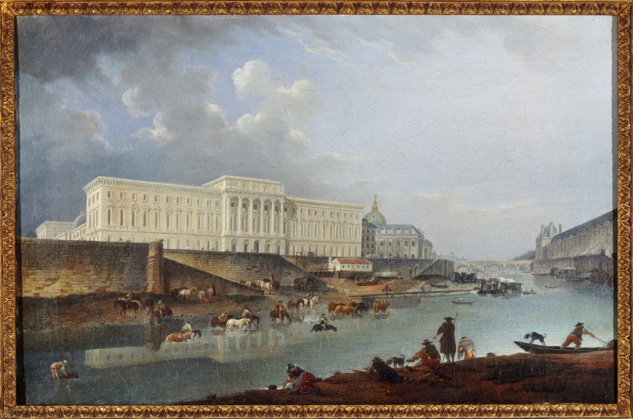 Hôtel de la Monnaie, nábřeží Quai de Conti a Seina při pohledu z Pointe de la Cité od Pierre Antoine Demachy