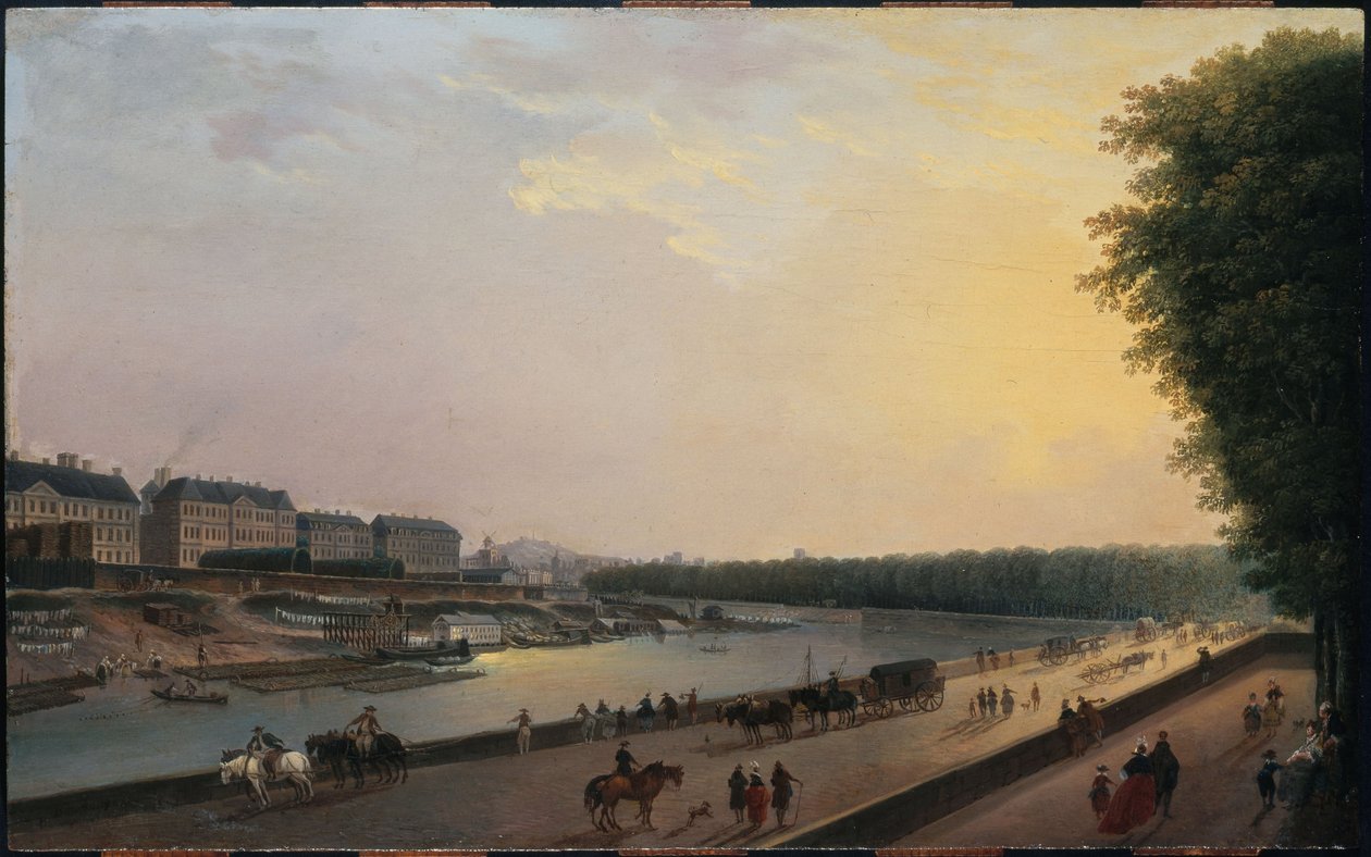 Seina u Grenouillère, pohled z terasy u Tuilerií, asi 1777 (olej na dřevě) od Pierre Antoine Demachy