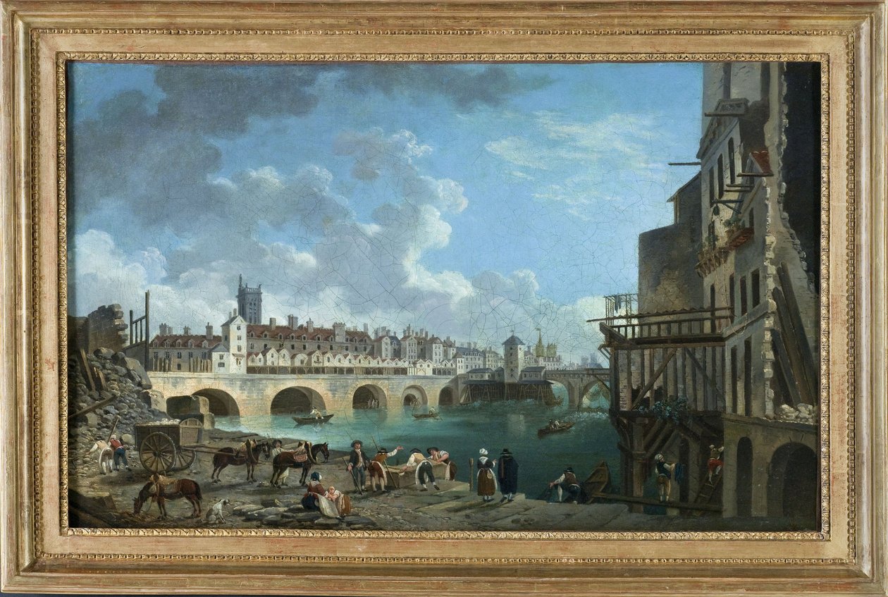 Pohled na Quai de Gesvres v době demolice domů na Pont au Change, asi 1788 (olej) od Pierre Antoine Demachy
