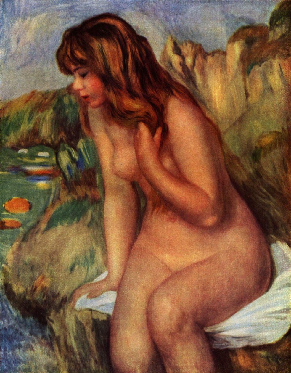 Baigneuse assise au rochern Němec: koupající se, sedící na skále od Pierre Auguste Renoir