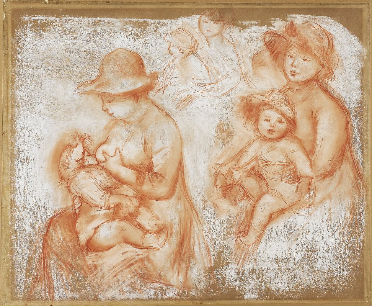 Studie pro matku a dítě, kolem roku 1885 (červená a bílá křída na leštěném papíře) od Pierre Auguste Renoir