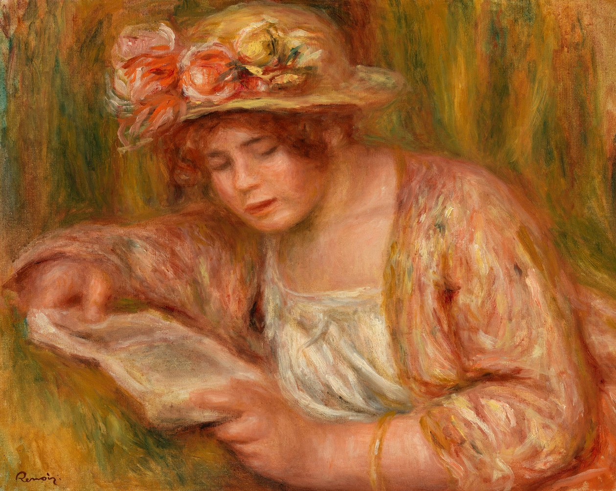 Andrée v klobouku, čtení od Pierre-Auguste Renoir