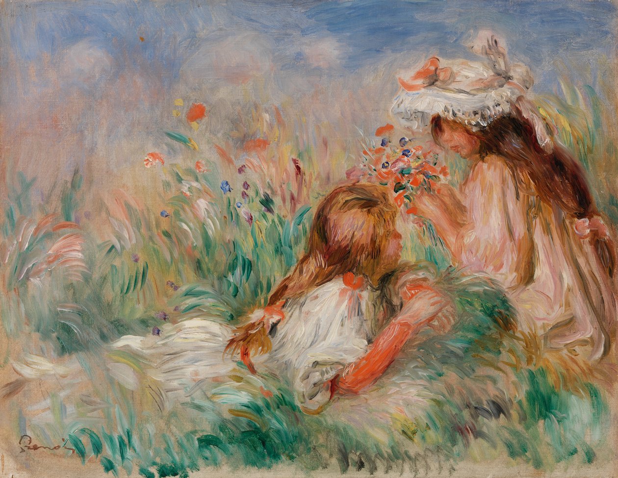 Dívky v trávě aranžující kytici od Pierre-Auguste Renoir