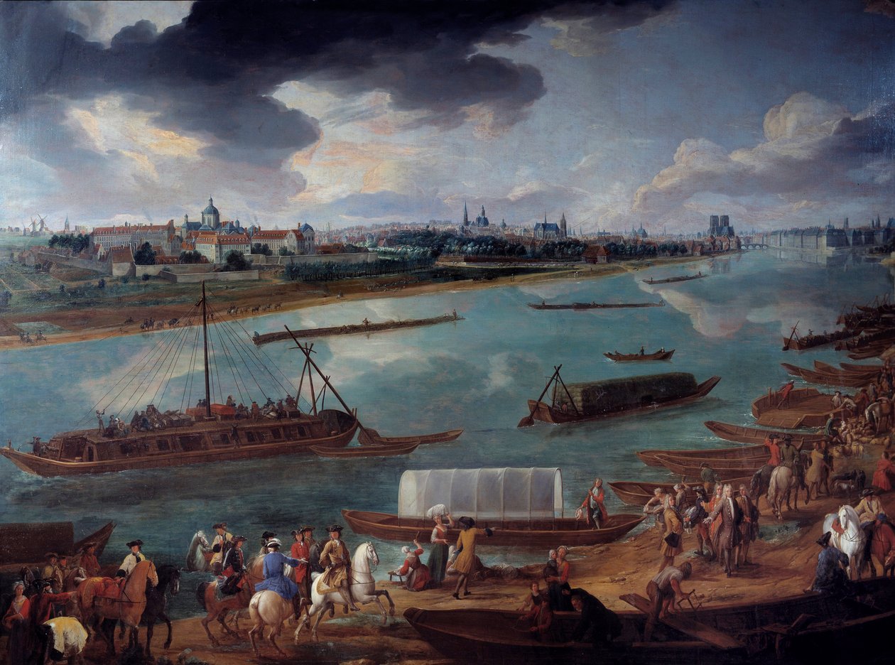 Pohled na Paříž, převzato z Quai de la Rapee v roce 1716 Detail lodí na Seině. Obraz Pierre Denis Martin od Pierre Denis Martin