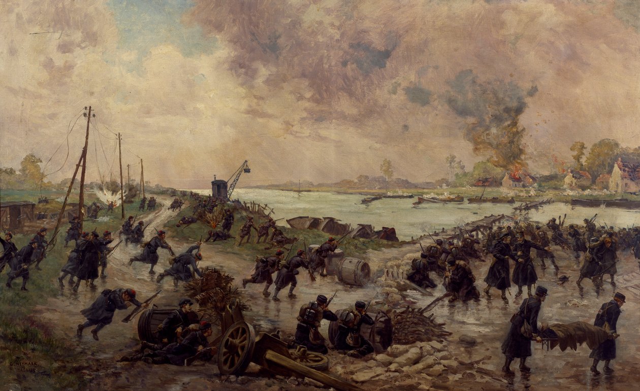 Belgické jednotky v boji na Yser, říjen 1914, první světová válka, Belgie, 20. století od Pierre Ernest and Neymark Gustave Ballue