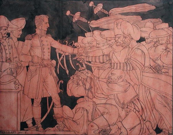 Napoleon I (1769-1821) přijímající kapitulaci egyptských vůdců během egyptského tažení, přípravný návrh na vázu (kvaš na papíře) od Pierre Nolasque Bergeret