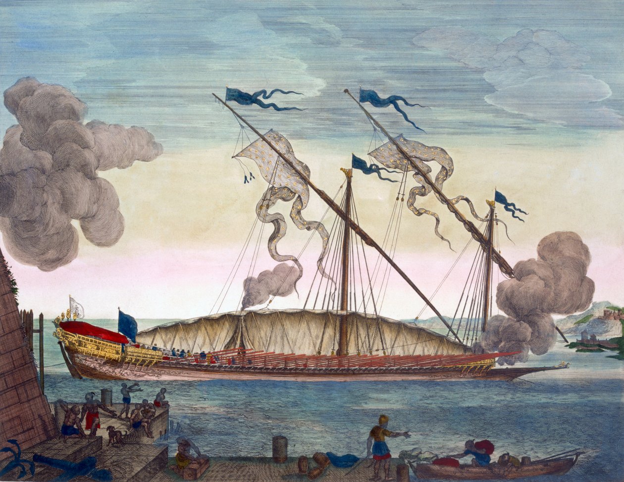 Královská galéra (španělská nebo portugalská) veslovaná otroky, vystřelující signál, z „Le Neptune Francois“, kolem 1693-1700 (ručně kolorovaná rytina) od Pierre (1661 1711) Mortier