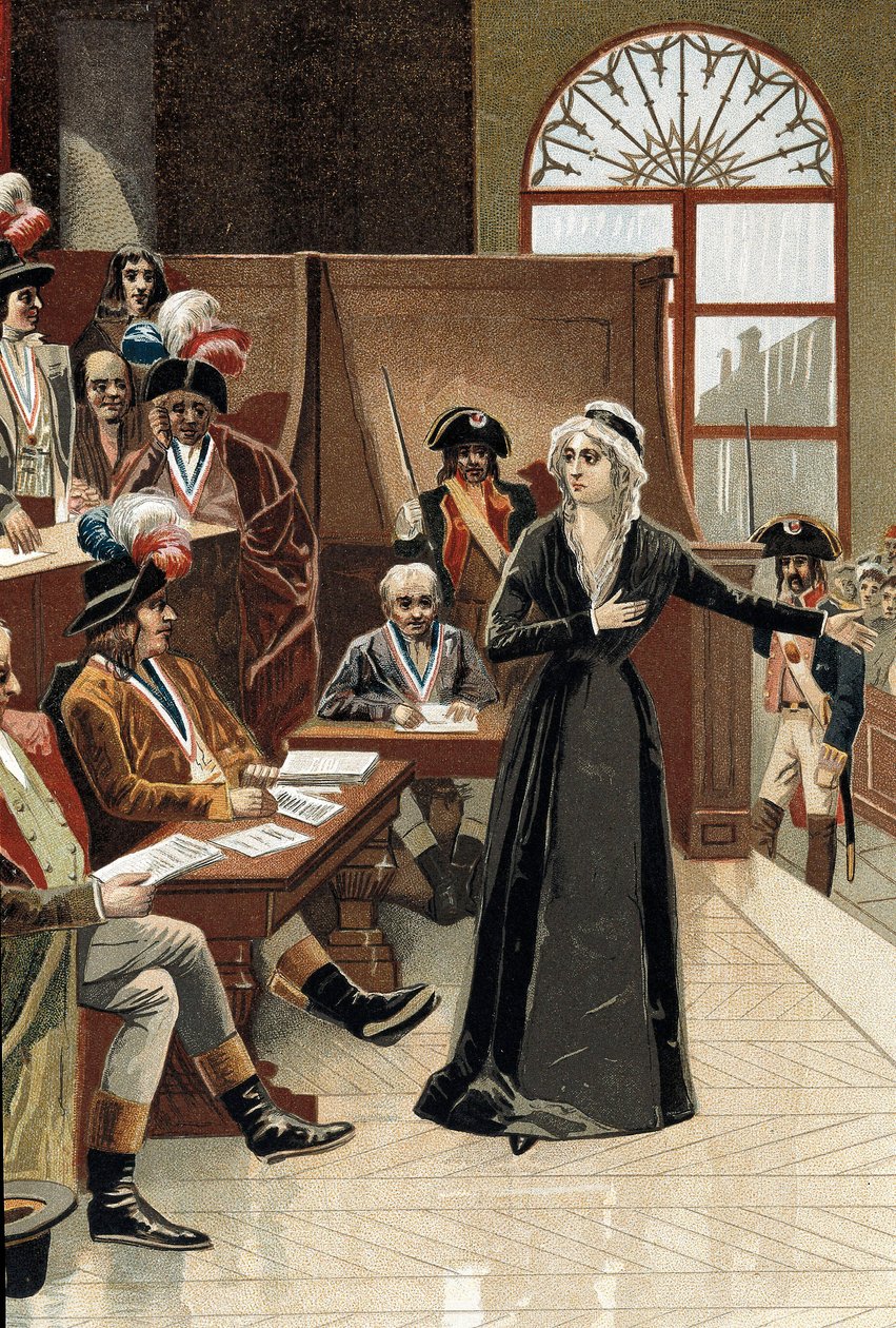 Francouzská revoluce: královna Francie Marie Antoinetta před soudcem během jejího procesu dne 14. října 1793 (kresba), od Pierre (after) Bouillon