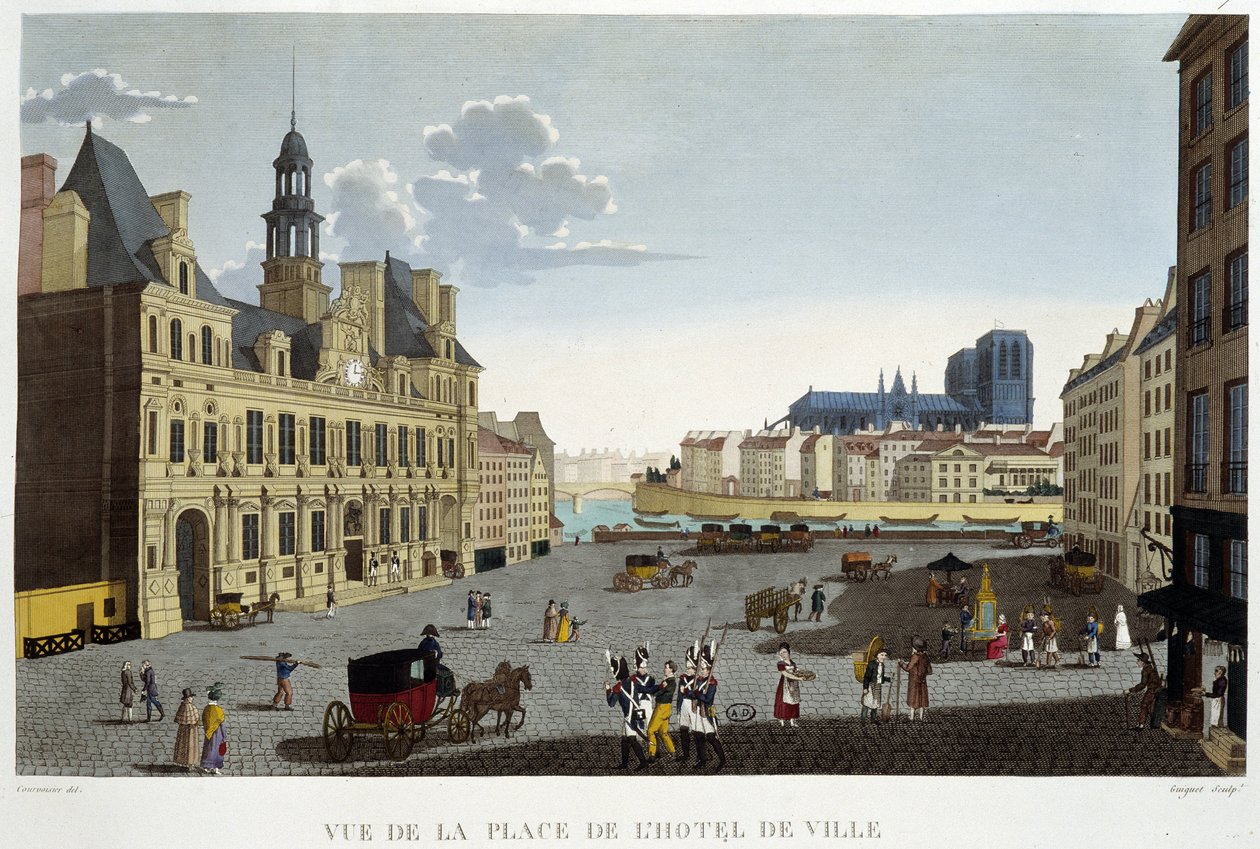 Radniční náměstí, kolem roku 1820 – v „Výhledech na Paříž“ od Courvoisiera od Pierre (after) Courvoisier
