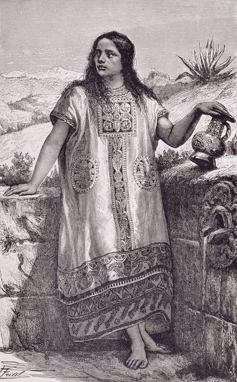 Mladá toltécká dívka, z knihy "The Ancient Cities of the New World", Claude-Joseph-Desire Charnay, vyd. 1887 (rytina) od Pierre (after) Fritel