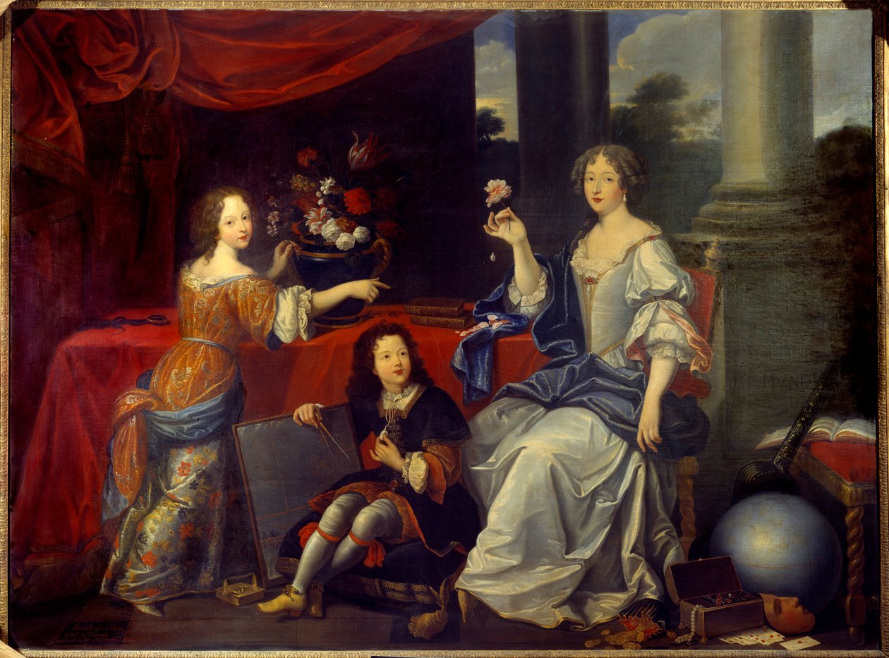 Portrét Louise Francoise de la Baume le Blanc, vévodkyně de la Valliere (Madame de La Valliere) (1644-1710), oblíbenkyně Ludvíka XIV. a jejích dětí Mademoiselle de Blois a hraběte z Vermandois od Pierra Mignarda (1612-1695) . Slunce 17. století od Pierre (after) Mignard