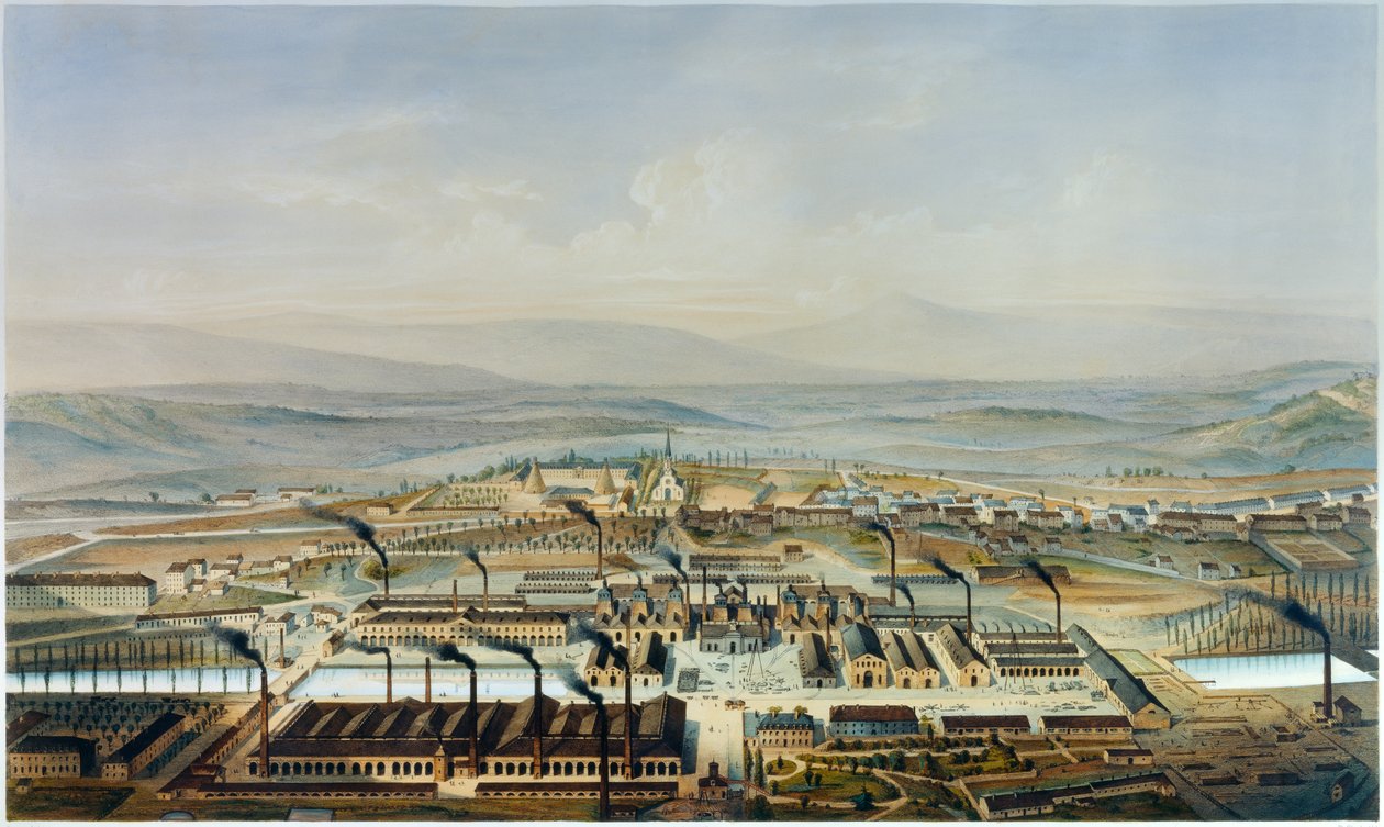 Pohled na dílny Creusot a Chateau de la Verrerie, litografie podle akvarelu od Pierra Tremauxe (1818-1895) od Pierre (after) Tremaux