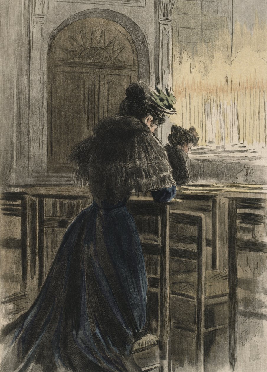 Pobožnosti v kostele, ilustrace z „La Femme a Paris“ od Octave Uzanne (1851-1931) 1894 (barevná rytina) od Pierre (after) Vidal