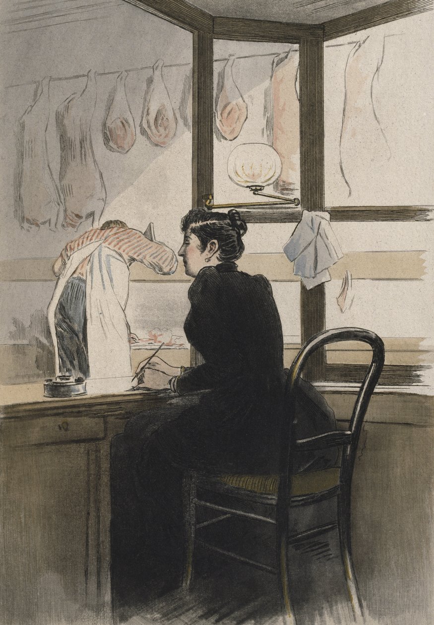 Pokladní u řezníka, ilustrace z „La Femme a Paris“ od Octave Uzanne (1851-1931) 1894 (barevná rytina) od Pierre (after) Vidal
