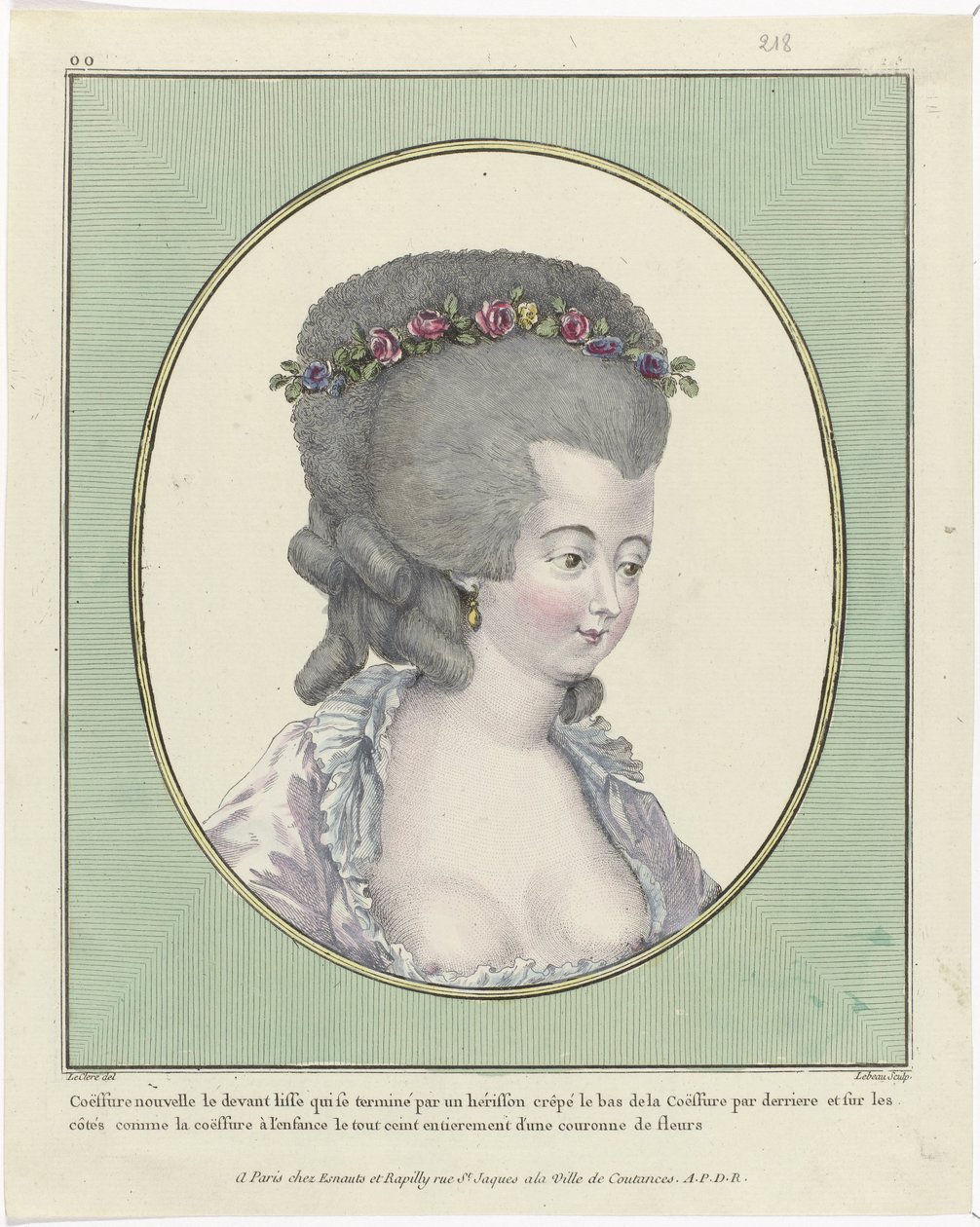Účesy, pufy, klobouky a čepice: Jedenáct účesů a čelenek Galerie francouzské módy a kostýmů, 1781, oo 218: New Coëffure the front (...) od Pierre Adrien Le Beau