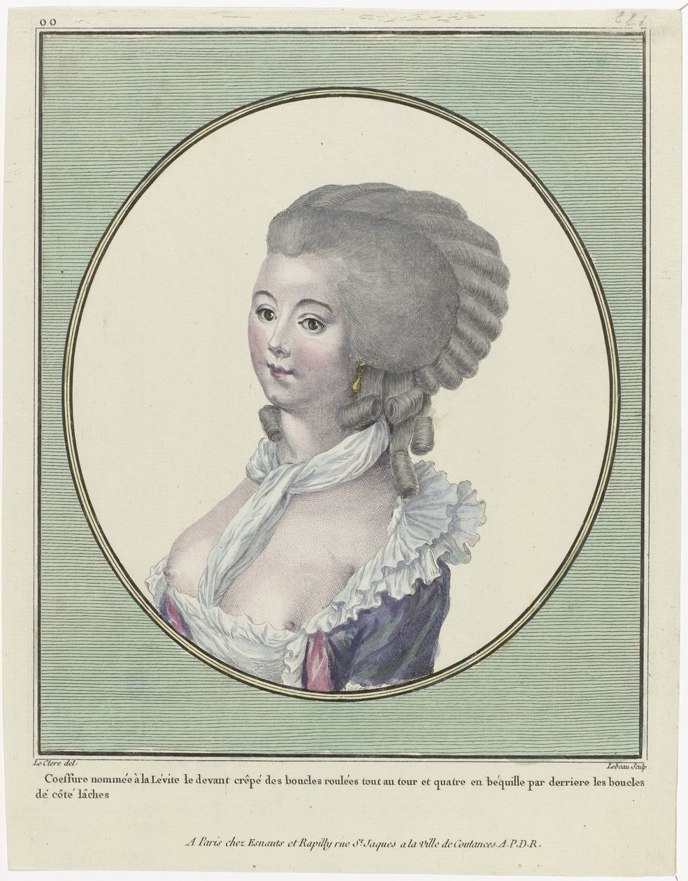 Gallerie des Modes et Costumes Français, 1781, oo 221: Coeffure pojmenované po Levitovi (...) od Pierre Adrien Le Beau
