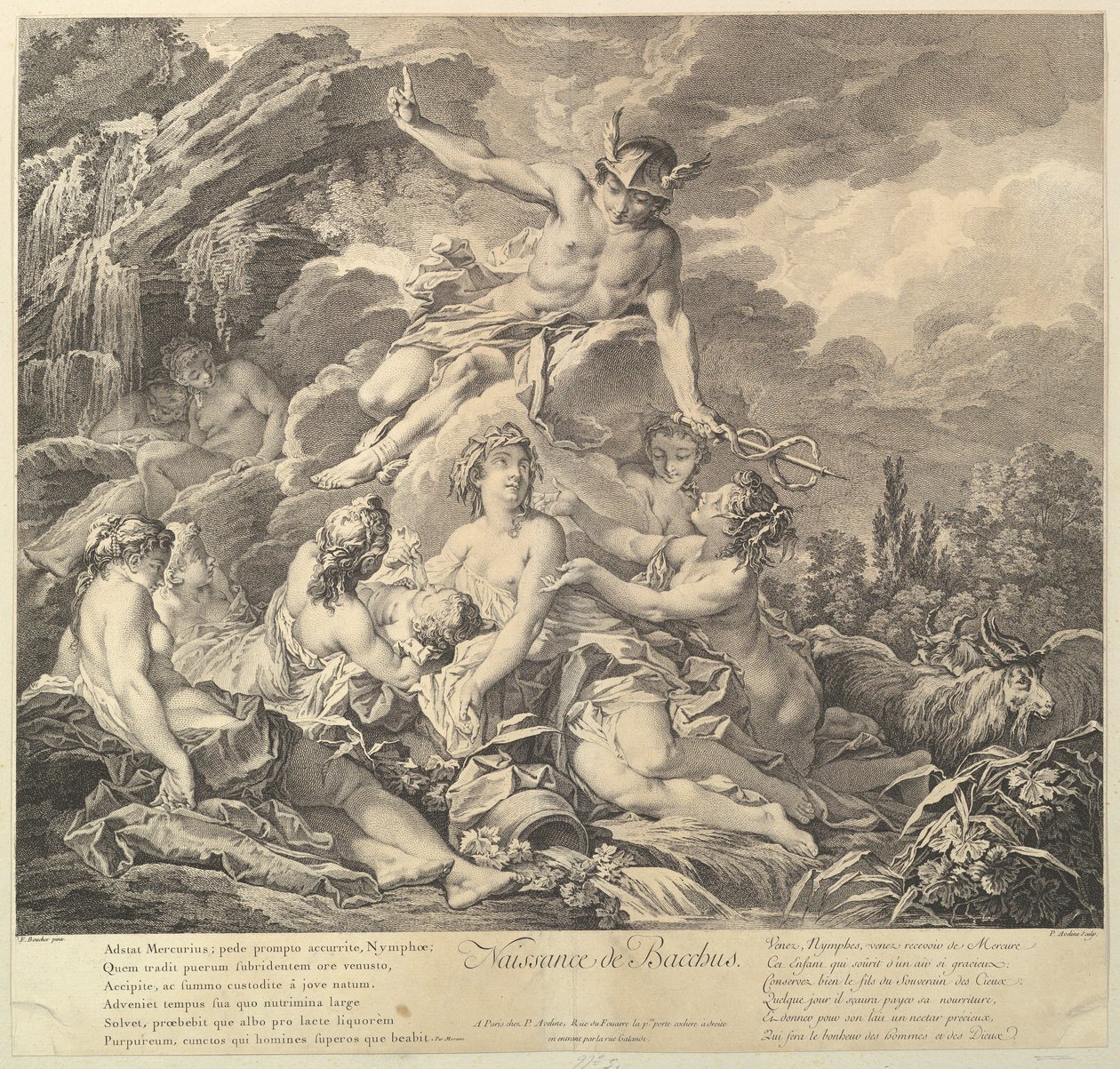 Naissance de Bacchus Narození Baccha, 18. století. od Pierre Alexandre Aveline