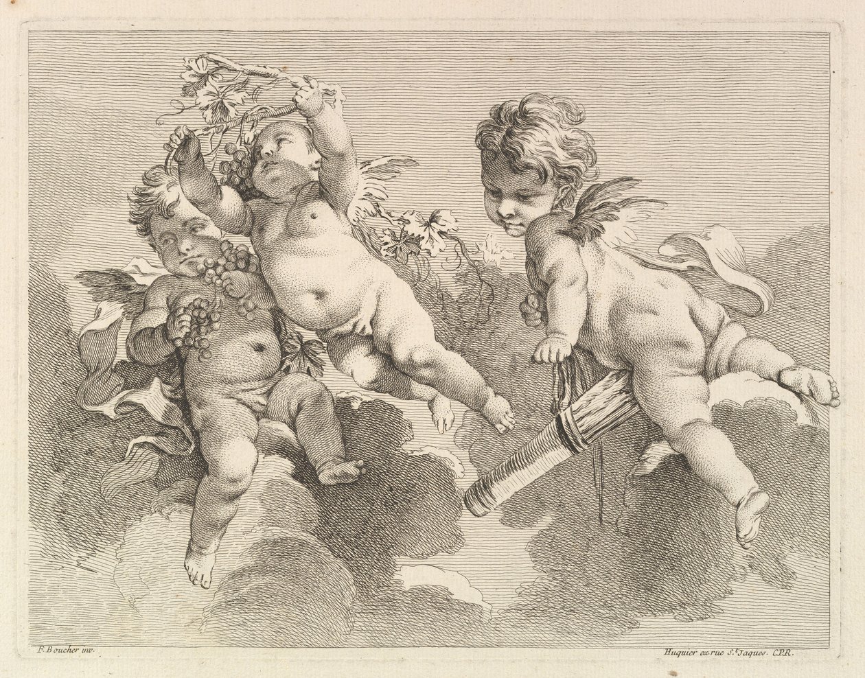 Tři lásky, jedna drží toulec, druhá, hrozny, 1727-60. od Pierre Alexandre Aveline