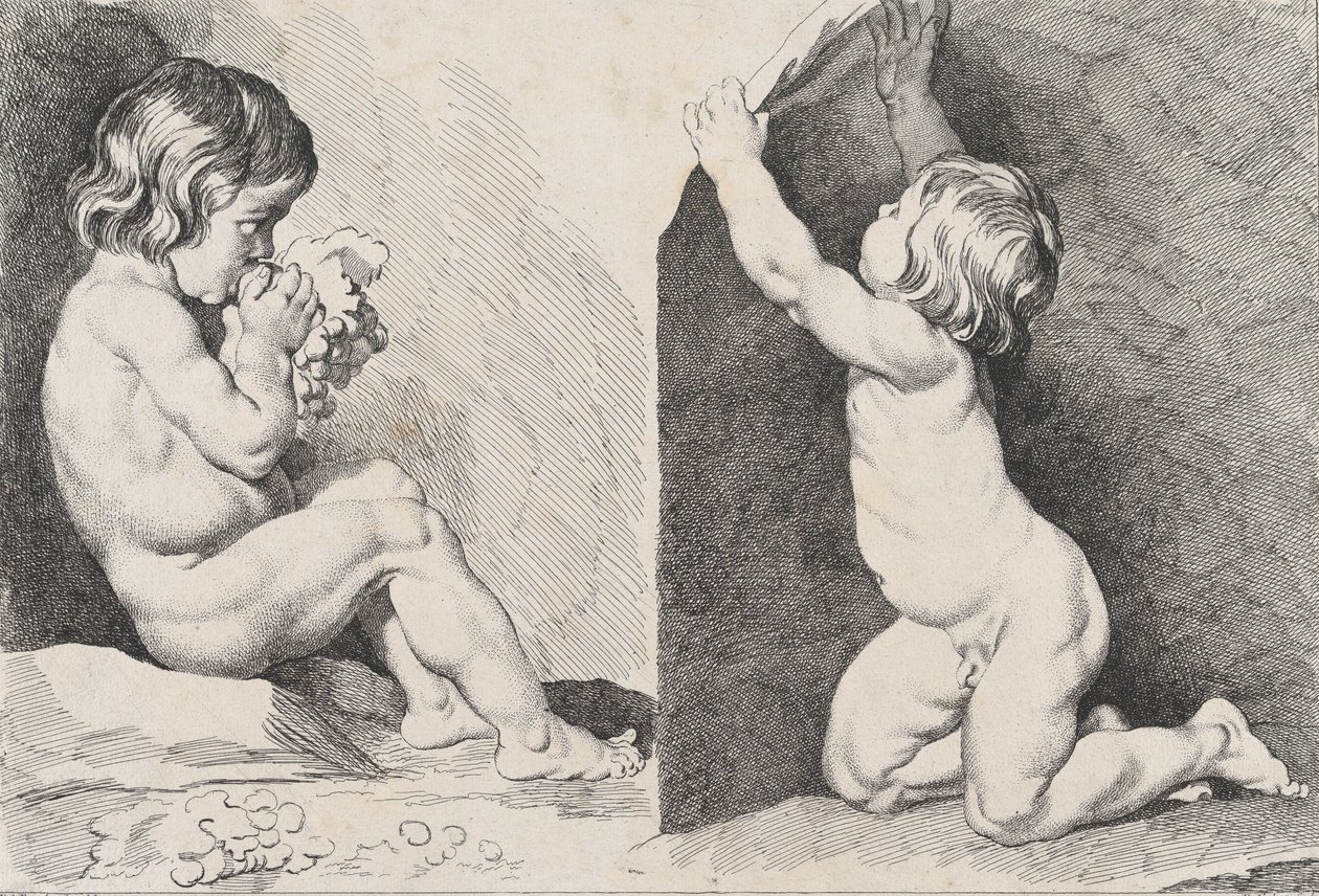Dvě nahé děti, které jedí hrozny, z New Book of Children, 1720-60. od Pierre Alexandre Aveline