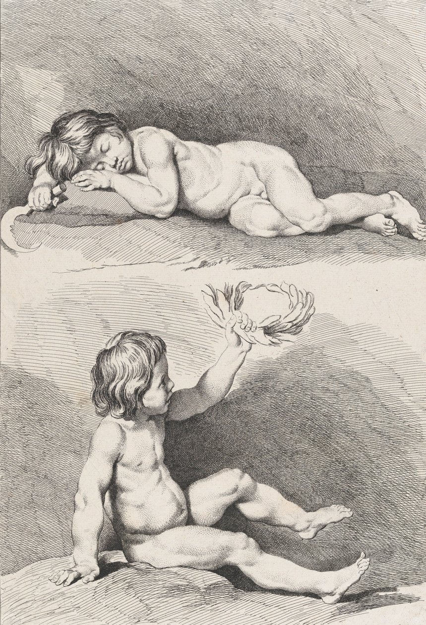 Dvě nahé děti, jedno spí a druhé drží věnec, z New Book of Childr..., 1720-60. od Pierre Alexandre Aveline