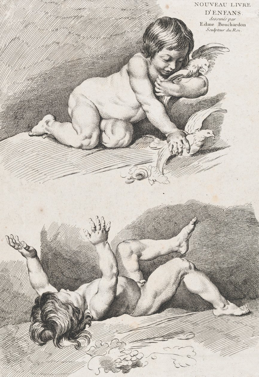 Dvě nahé děti hrající si s listem, z Nové knihy dětí, 1720-60. od Pierre Alexandre Aveline