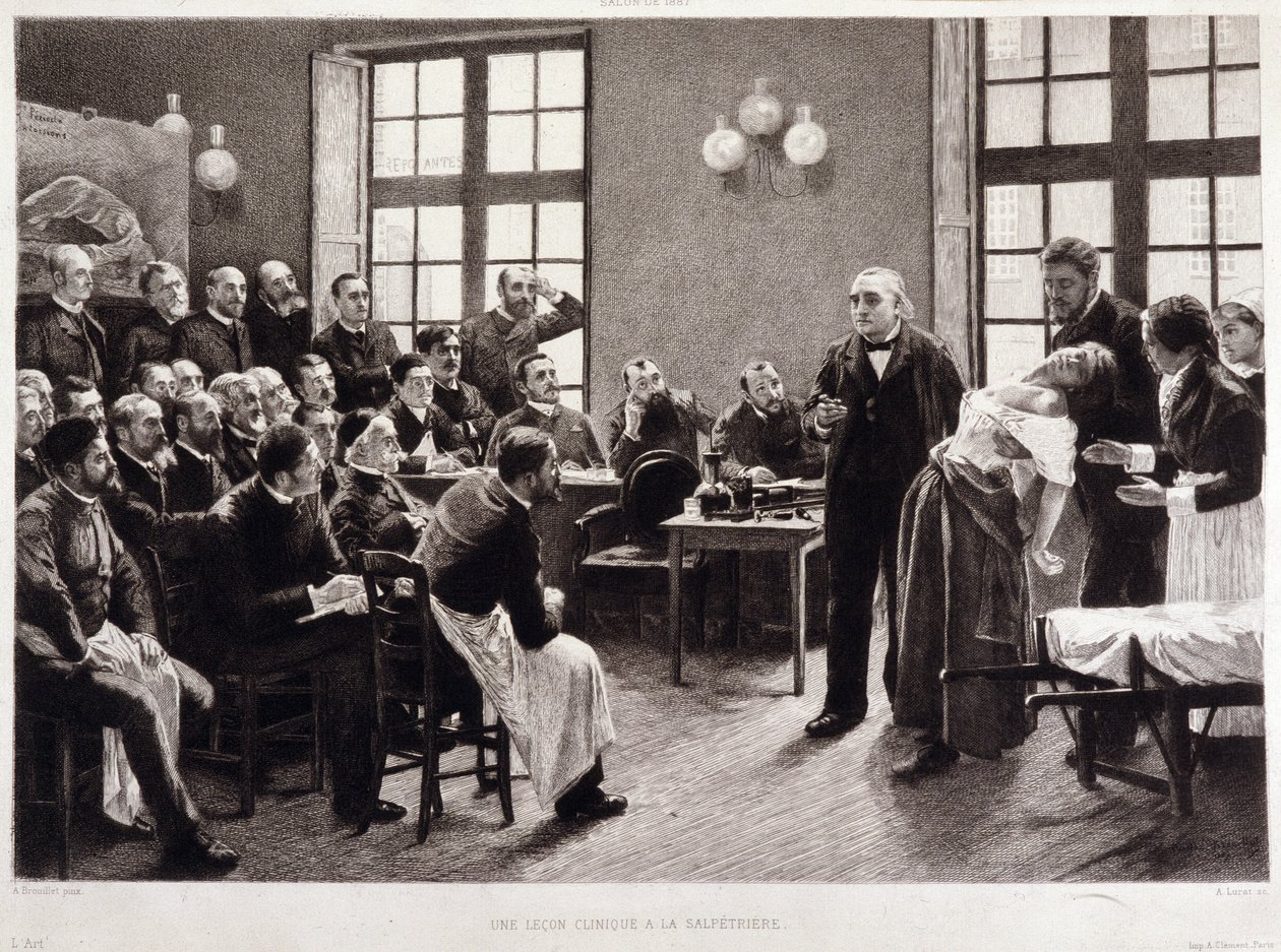 Klinická přednáška Dr. Charcota v Salpetriere v roce 1887. Studenti z katedry profesora Jeana Martina Charcota, který vysvětluje případ Blanche Wittmanové, jeho pacientky a pokusného králíka, dávají přednost jejímu výzkumu hysterie. Byl asistentem Jo od Pierre Andre (after) Brouillet