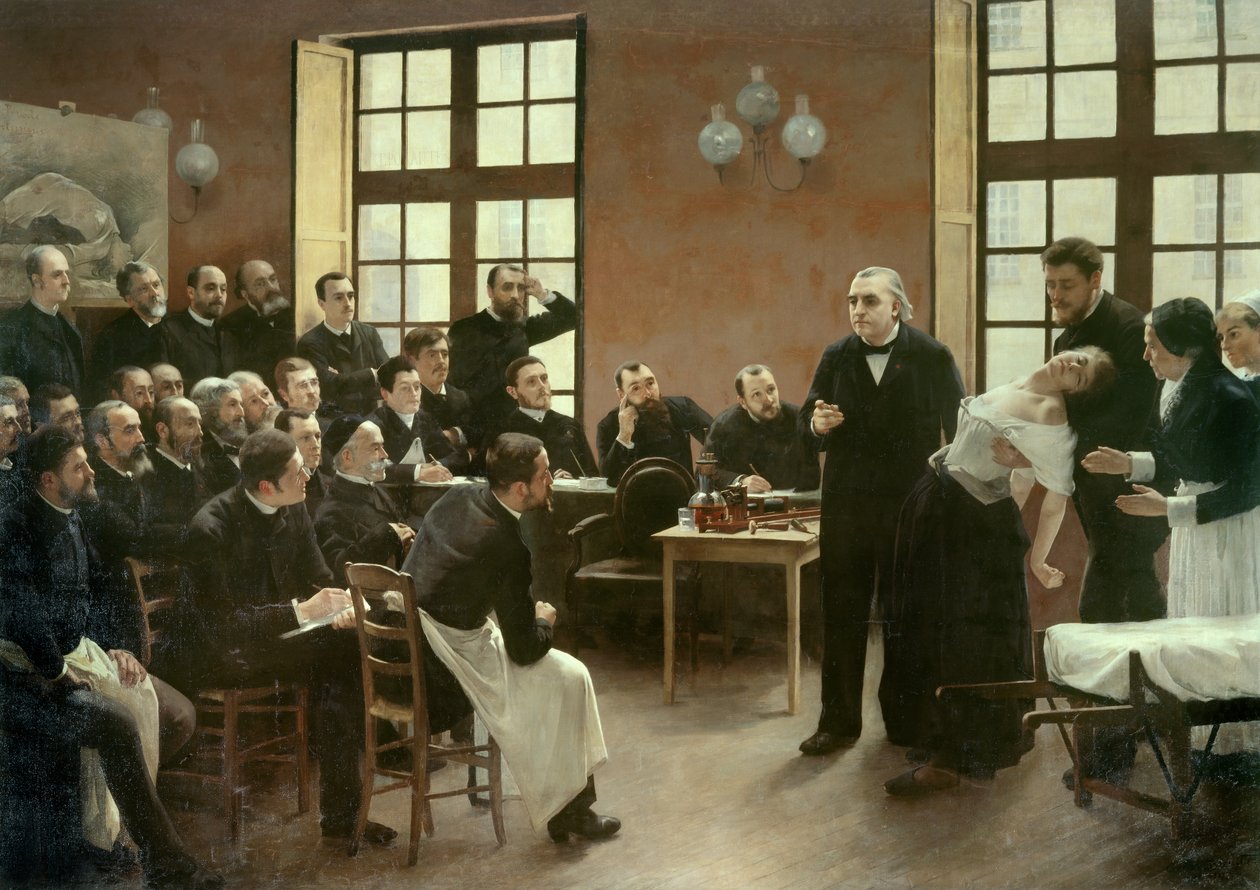 Klinická přednáška Dr. Charcota v Salpetriere v roce 1887. Studenti katedry profesora Jeana Martina Charcota (1825-1893), který vysvětluje případ Blanche Wittmanové, jeho pacientky a pokusného králíka, dávají přednost jejímu výzkumu hysterie. Byl oporou od Pierre Andre Brouillet