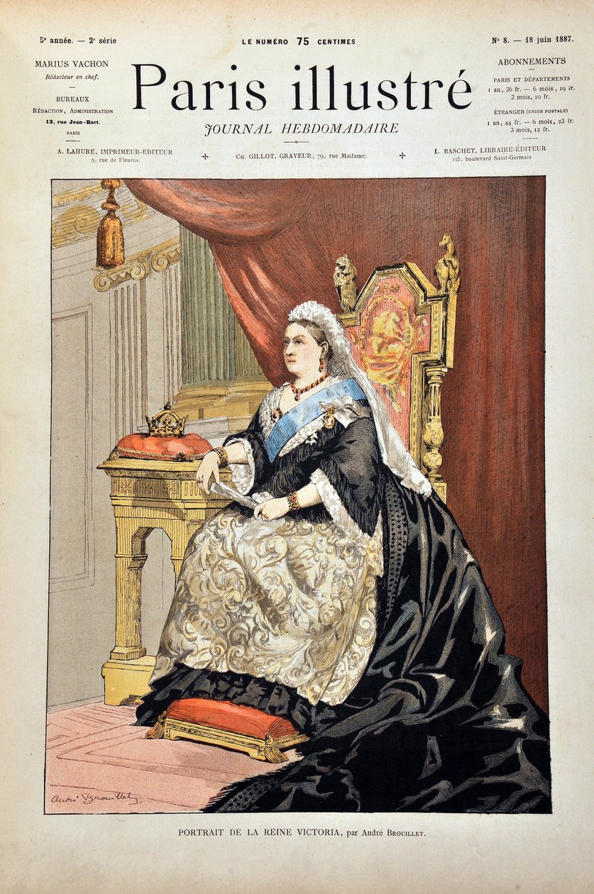 Portrét Victorie Iere, anglické královny (1819-1901) od Andre Brouilleta, rytina z roku 1887 v týdeníku „Pařížský Illustrous“. od Pierre Andre Brouillet