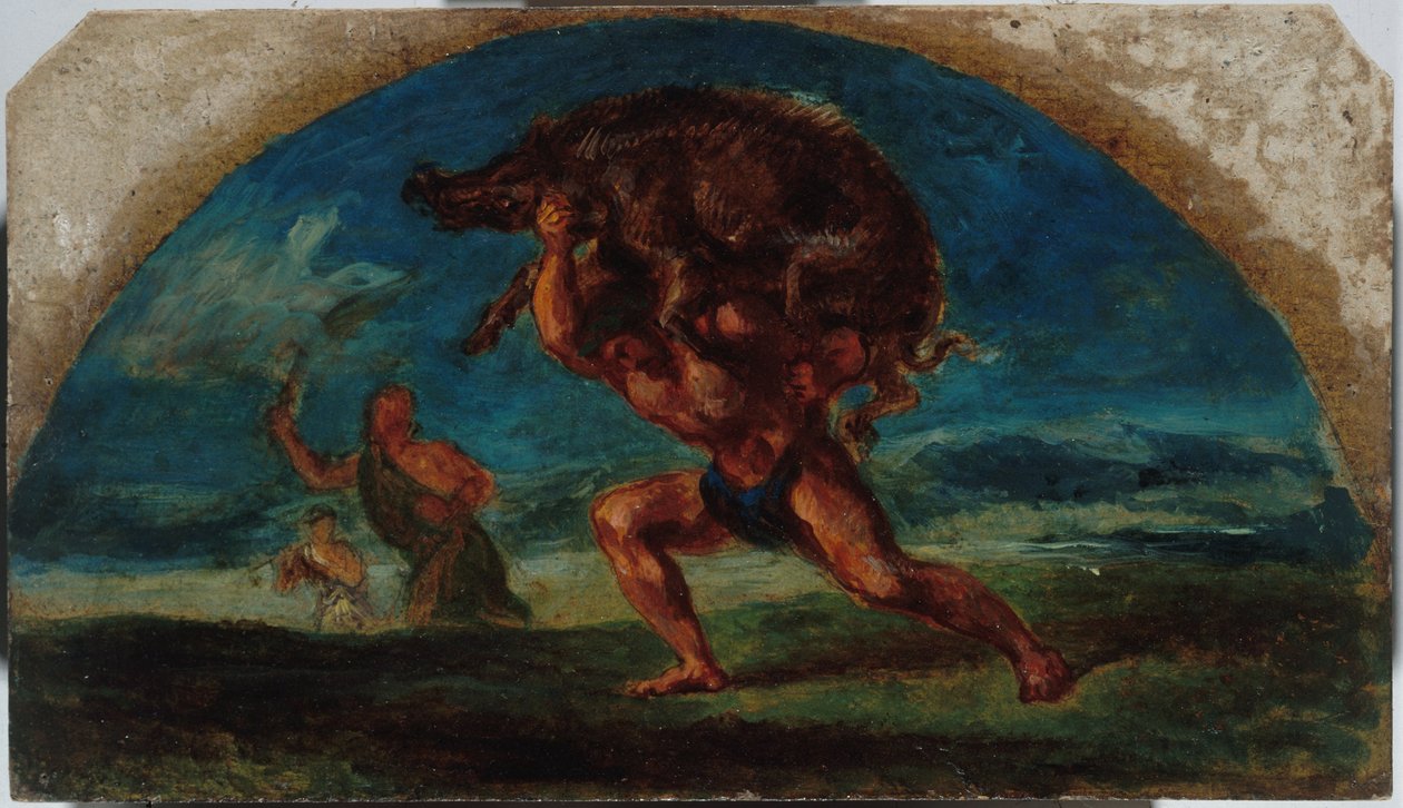 Skica pro Salon de la Paix v Hôtel de Ville v Paříži: Herkules a Erymanthem Boar, podle Delacroixe, mezi lety 1852 a 1854 (olej) od Pierre Andrieu