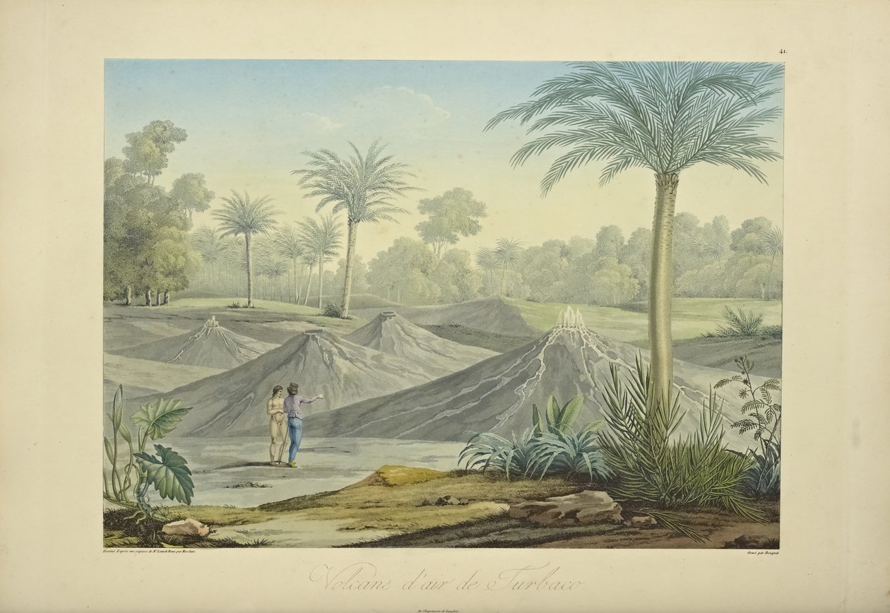 Air Volcanoes of Turbaco, vyryto Bouquetem, ilustrace z „Pohledy na Kordillery a památky domorodých národů Ameriky“ od Alexandra von Humboldta a Aime Bonpland od Pierre Antoine (after) Marchais