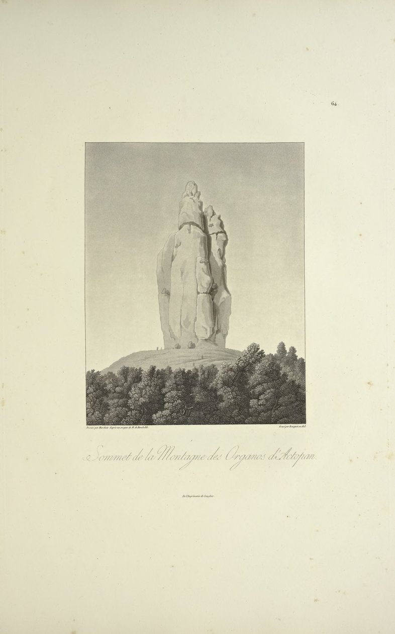 Summit of the Mountain of Organos, Actopan, rytina Bouquet, ilustrace z „Pohledy na Kordillery a památky domorodých národů Ameriky“ od Alexandra von Humboldta a Aime Bonpland od Pierre Antoine (after) Marchais