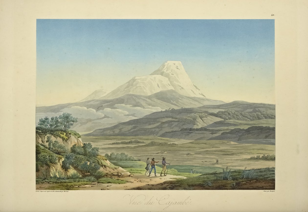 Pohled na Cajambe, vyrytý Bouquetem, ilustrace z „Pohledy na Kordillery a památníky domorodých národů Ameriky“ od Alexandra von Humboldta a Aime Bonpland od Pierre Antoine (after) Marchais