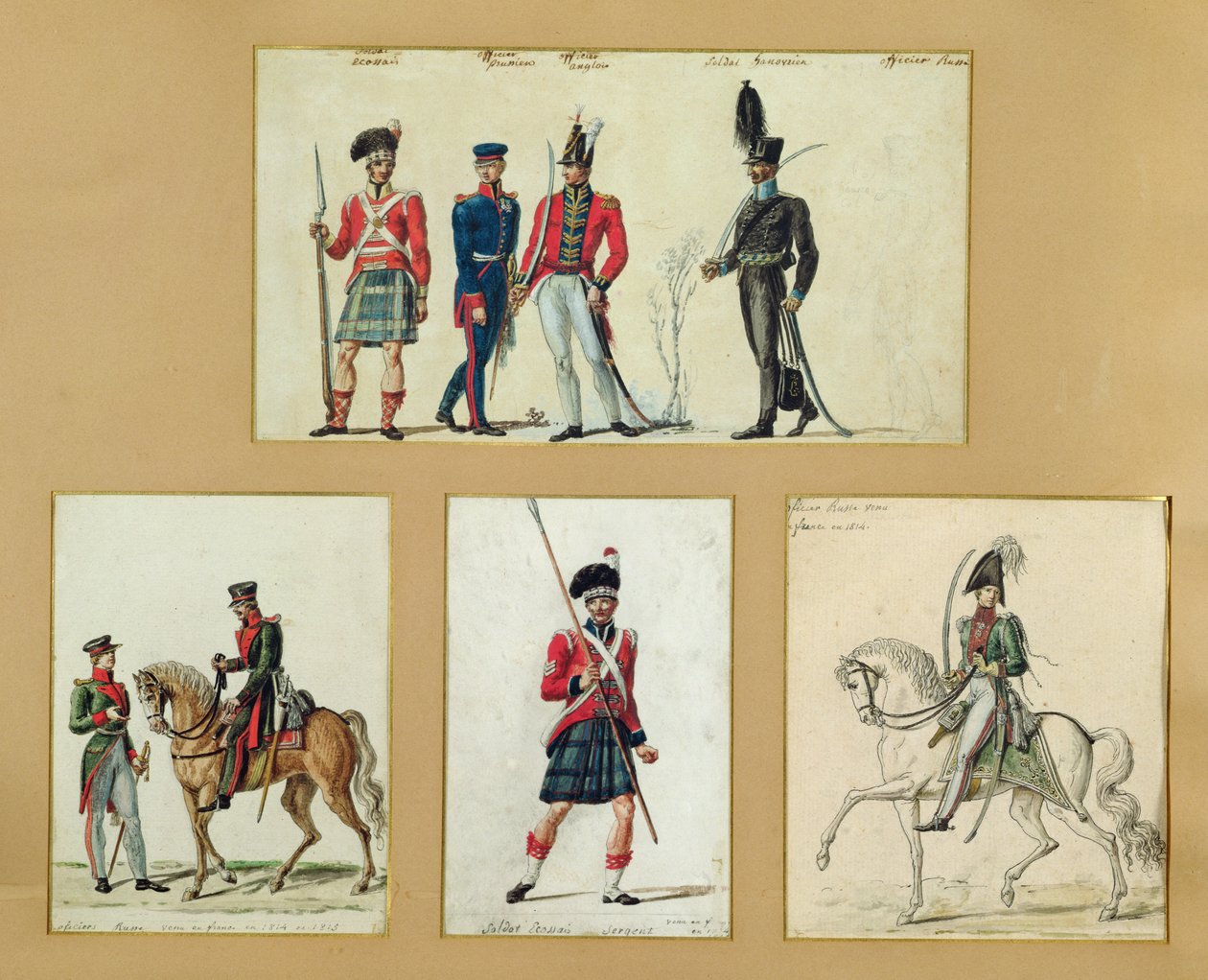 Uniformy skotských vojáků a pruských, anglických, hannoverských a ruských důstojníků v roce 1814 od Pierre Antoine Lesueur
