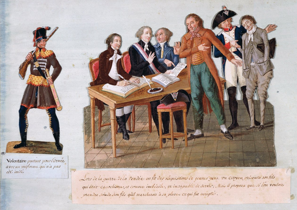 Dobrovolníci mířící přihlásit se k armádě do války ve Vendee (1792-1793) (kvaš na papíře) od Pierre Antoine Lesueur