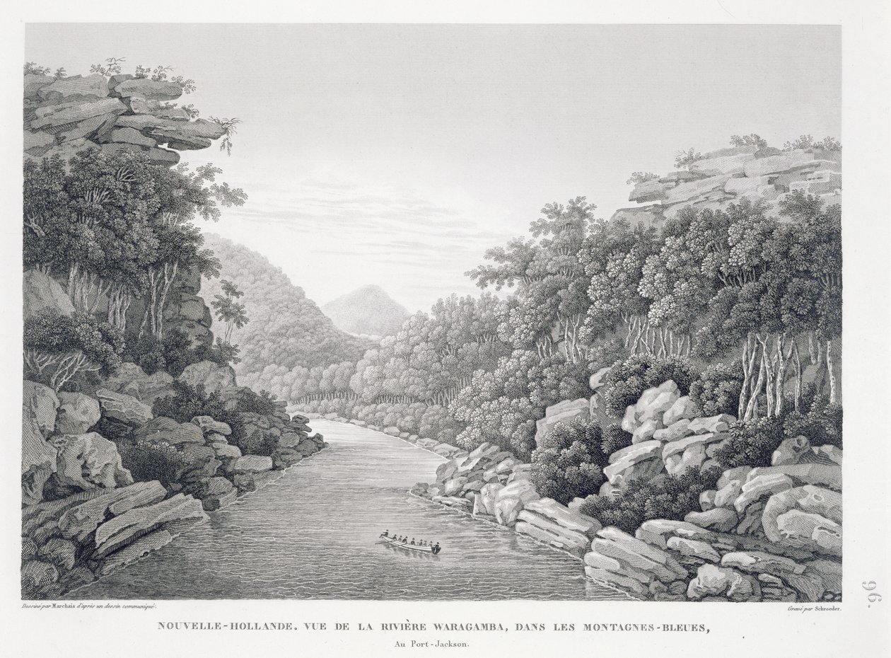 New Holland: Pohled na řeku Warragamba v Modrých horách, z „Voyage Autour du Monde (1817-20)“, Louis Claude De Saulces de Freycinet (1779-1842), vyryto Schroederem, publikováno 1822-24 (li od Pierre Antoine Marchais