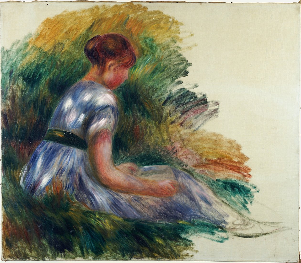 Alice Gamby v zahradě, Mladá dívka sedící v trávě, 1891 od Pierre Auguste Renoir
