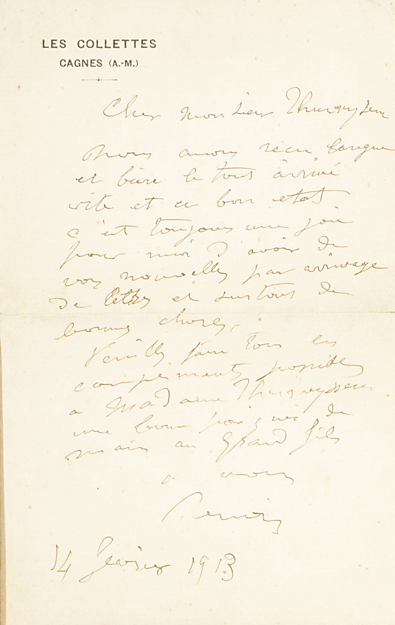 Autogram podepsaný Dr. Fritz Thurneyssen, Paříž a Les Collettes, 24. června 1908 od Pierre Auguste Renoir