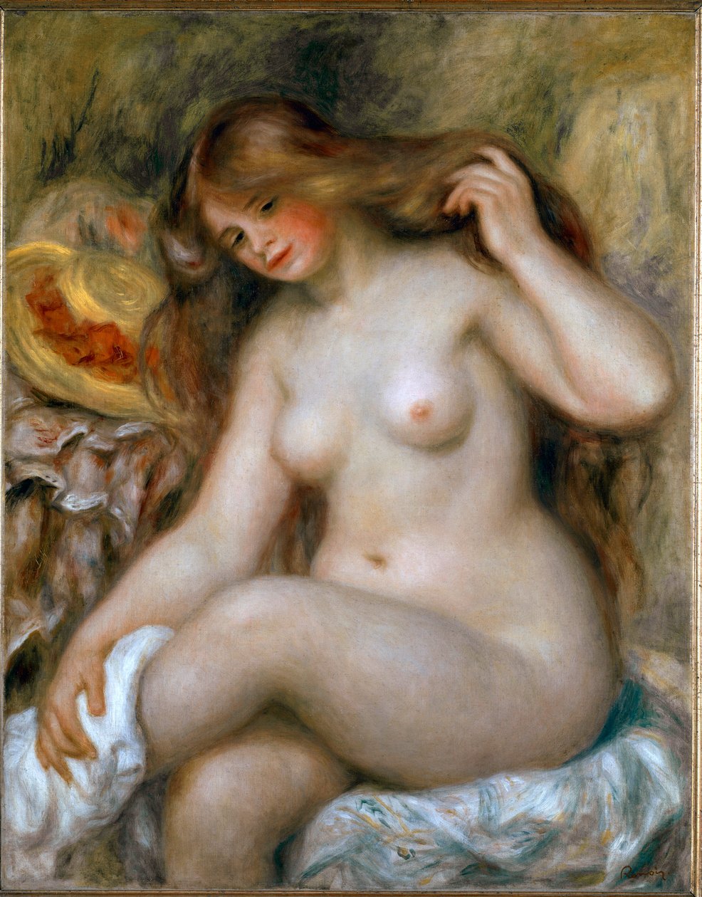 Blonďatá koupačka. Nahá žena s velmi dlouhými vlasy. Obraz Pierre Auguste Renoir (Pierre-Auguste od Pierre Auguste Renoir