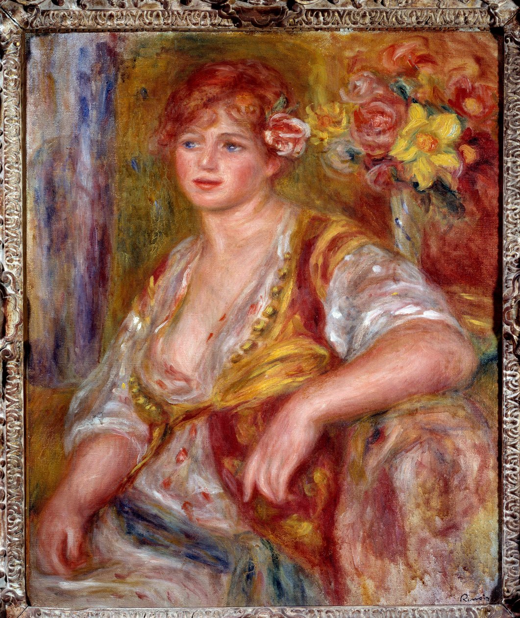 Blondýnka má růži. Portrét Andree Madeleine Heuschlingové (1900-1979) přezdívané „Dedee“, komičky známé jako Catherine Hessling (v roce 1920 se provdala za Jeana Renoira). Obraz Pierra Auguste Renoira (1841-1919), kolem roku 1915. Olej na plátně. Francouzs od Pierre Auguste Renoir