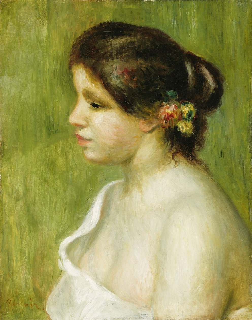 Busta mladé dívky s květinami zdobícími její ucho, 1898 od Pierre Auguste Renoir